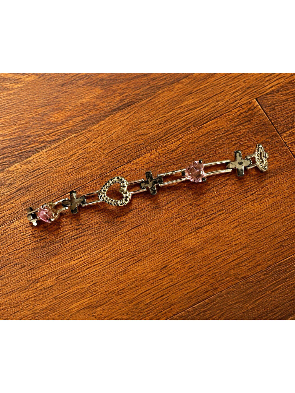 Silver-Tone Cross Heart Pink Rhinestone Link Bracelet Religious